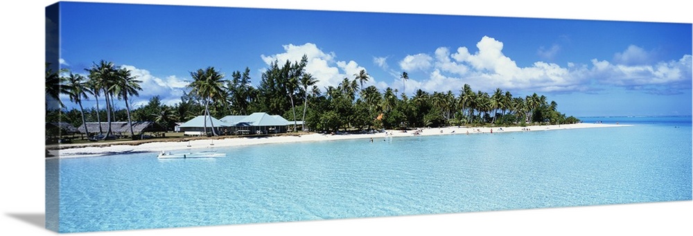 A panoramic photograph of a tropical beach covered with palm trees and small open shelters surrounded by clear water.