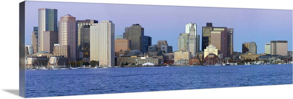Panoramic of Boston Harbor and the Boston skyline at sunrise as seen from South Boston, Massachusetts, New England