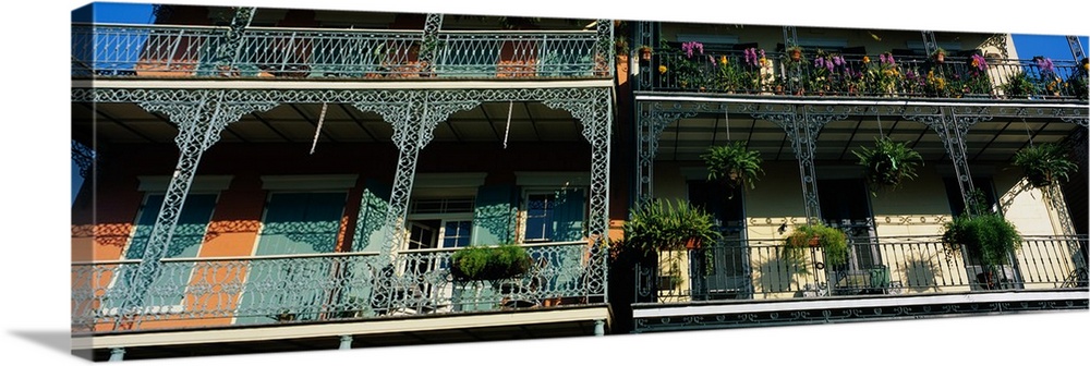 A high-angle panoramic view of Bourbon Street architecture in New Orleans historic French Quarter.