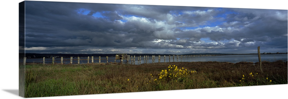 Bridge across a lake, Crockett Lake, Ebey's Landing National Historical Reserve, Whidbey Island, Island County, Washington...