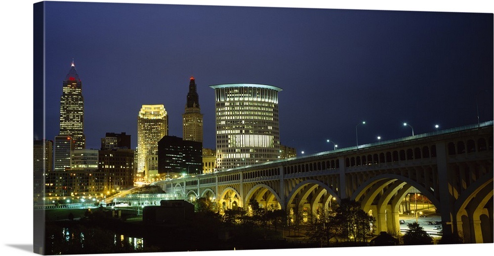 Bridge in a city lit up at night, Detroit Avenue Bridge, Cleveland