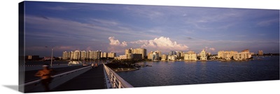 Bridge with city skyline at the waterfront, John Ringling Causeway Bridge, Sarasota Bay, Sarasota, Florida,