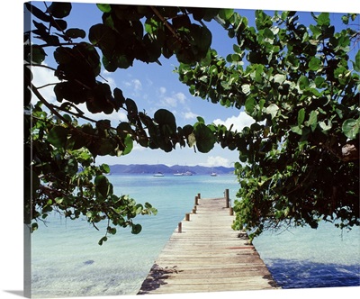 British Virgin Islands, Jost Van Dyke Island, Great Harbour, Wooden jetty on the sea side