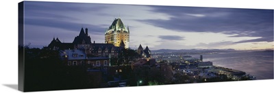 Building lit up at dusk, Chateau Frontenac, Quebec City, Quebec, Canada