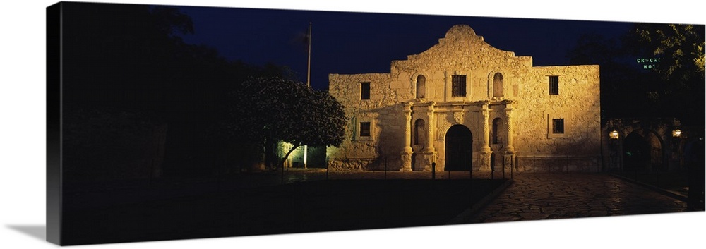 A night panorama of the Alamo in San Antonio Missions National Historical Park in Texas.