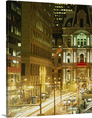 Building lit up at night, City Hall, Philadelphia, Pennsylvania
