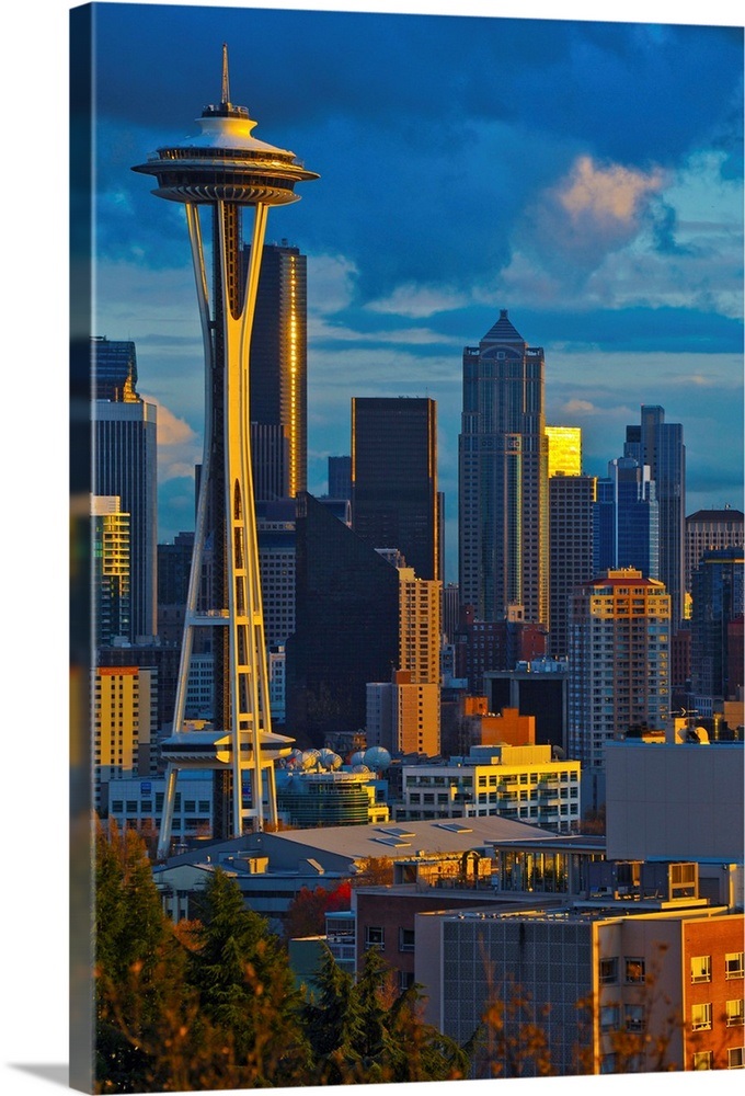 Buildings in a city at sunset, Space Needle, Seattle, King County ...