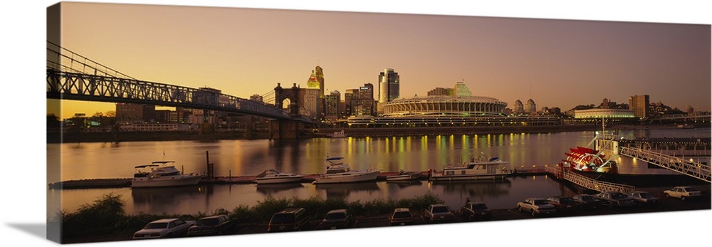 Buildings in a city lit up at dusk, Cincinnati, Ohio