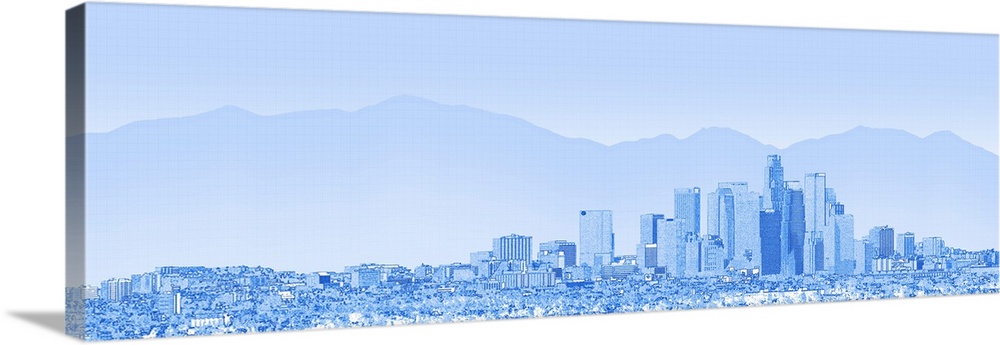 Buildings in a city with snowcapped mountains in the background, San Gabriel Mountains, City of Los Angeles, California, USA