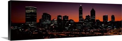 Buildings lit up at dawn, Perth, Western Australia, Australia
