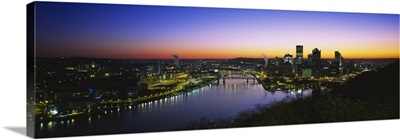 Buildings lit up at dawn, Pittsburgh, Pennsylvania