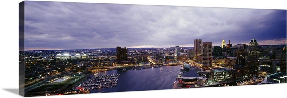 Big panoramic photo of buildings in the downtown area of Baltimore.