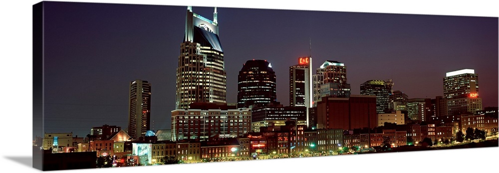 Panoramic wall art for the home or office of high rise buildings in the Nashville skyline at night.