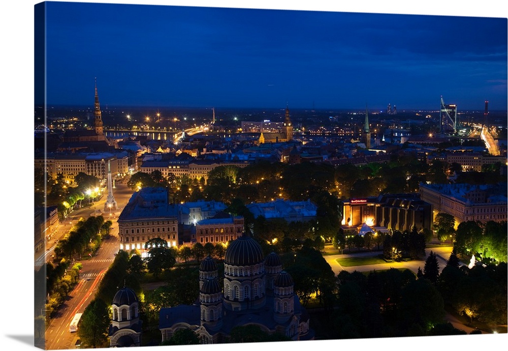 Buildings lit up at dusk, Vecriga, Old Riga, Riga, Latvia