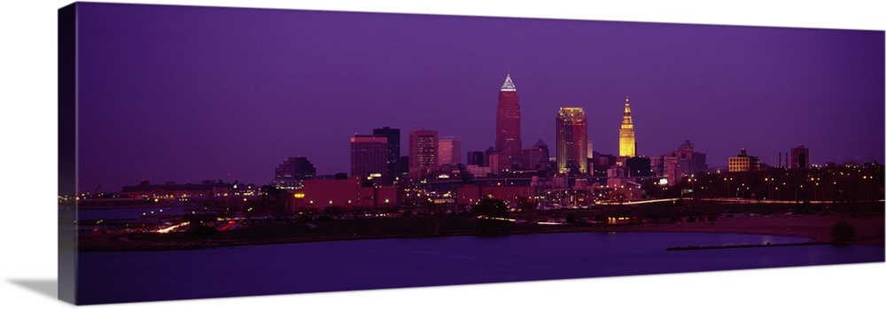 Downtown panorama at night in Cleveland, Ohio.
