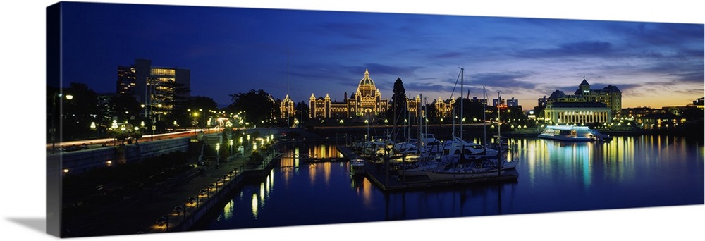 Buildings lit up at night, Parliament Building, Vancouver Island, Victoria, British Columbia, Canada