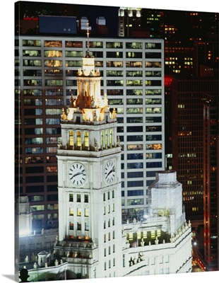 Buildings lit up at night, Wrigley Building, Chicago, Illinois