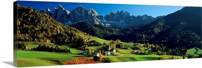 Buildings on a landscape, Dolomites, Funes Valley, Le Odle, Santa Maddalena, Tyrol, Italy
