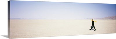 Businessman walking in a desert with a large pencil and a briefcase, Black Rock Desert, Nevada