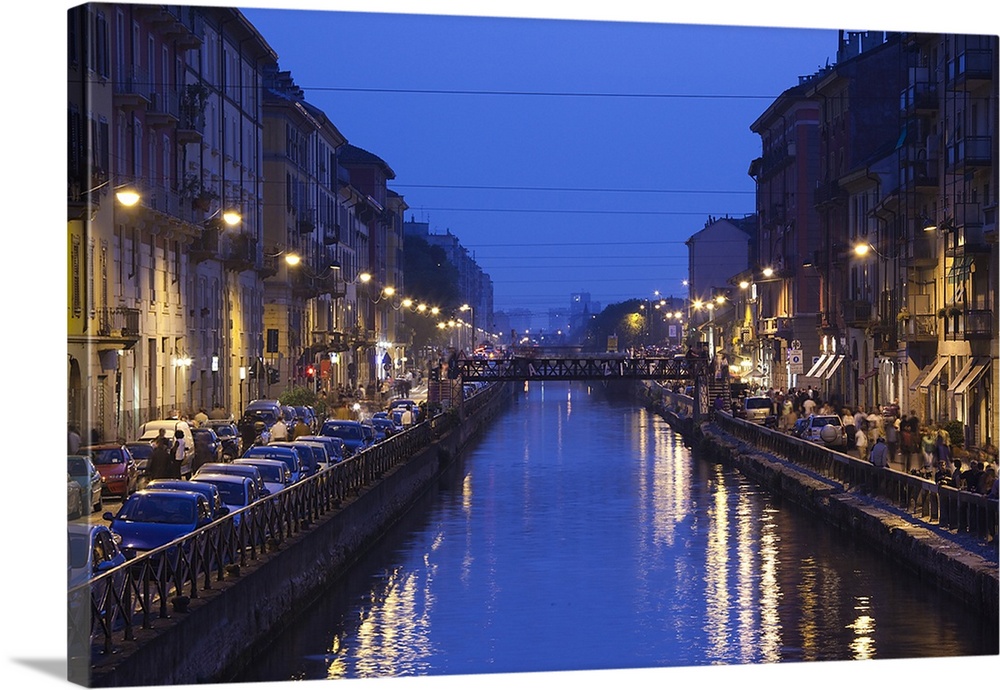 Cafes and restaurants along a canal, Naviglio Grande, Milan, Lombardy ...