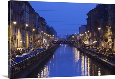 Cafes and restaurants along a canal, Naviglio Grande, Milan, Lombardy, Italy