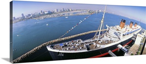 California, Long Beach, Queen Mary, High angle view of a Ship docked at port image thumbnail