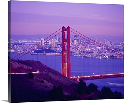 California, San Francisco, High angle view of Golden Gate Bridge and the city