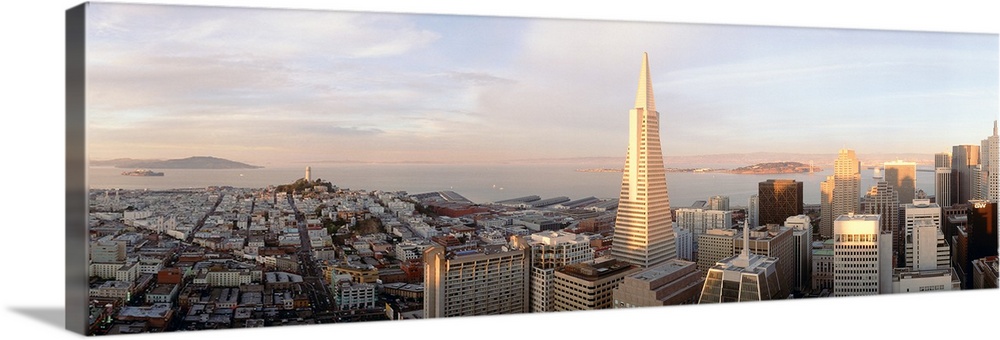 Aerial photograph on a big canvas of the San Francisco skyline, including the Transamerica building, the San Francisco Bay...