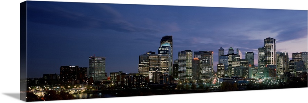 Canada, Alberta, Calgary, Crescent Drive, Skyscrapers in a city at sunset