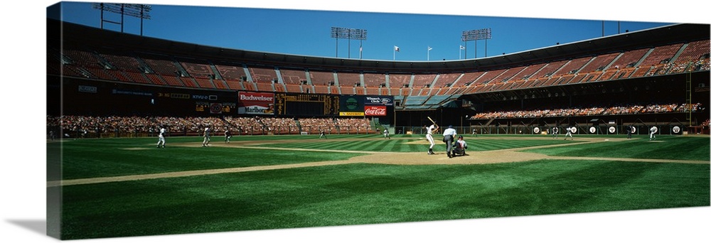 Panoramic image on canvas of a baseball stadium as seen from the field behind the batter.