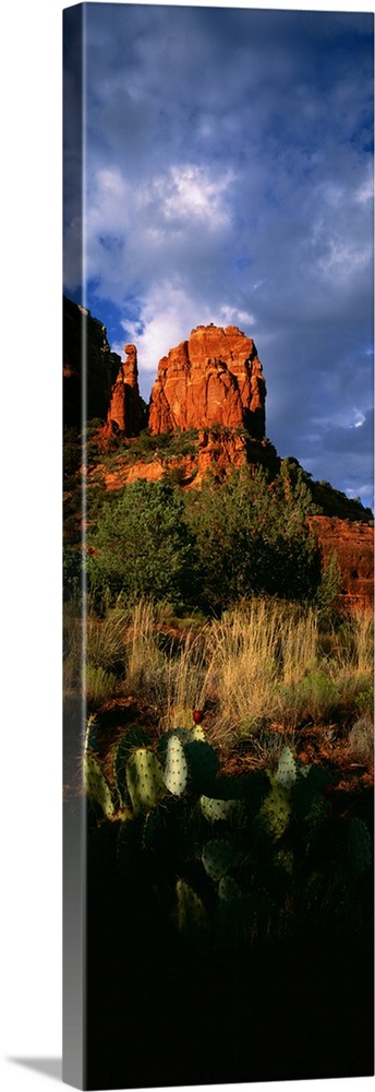 A vertical panoramic of Thunder Mountain, one of the highest summits in Sedona Arizona on a cloudy day.
