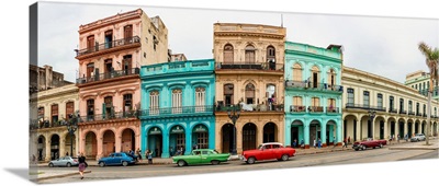 Cars in front of colorful houses, Havana, Cuba