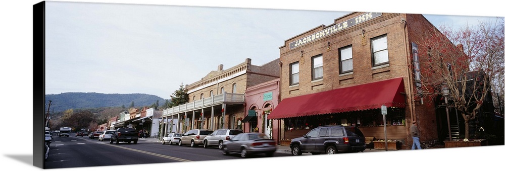 Cars on a road in front of buildings, Jacksonville, Jackson County, Oregon