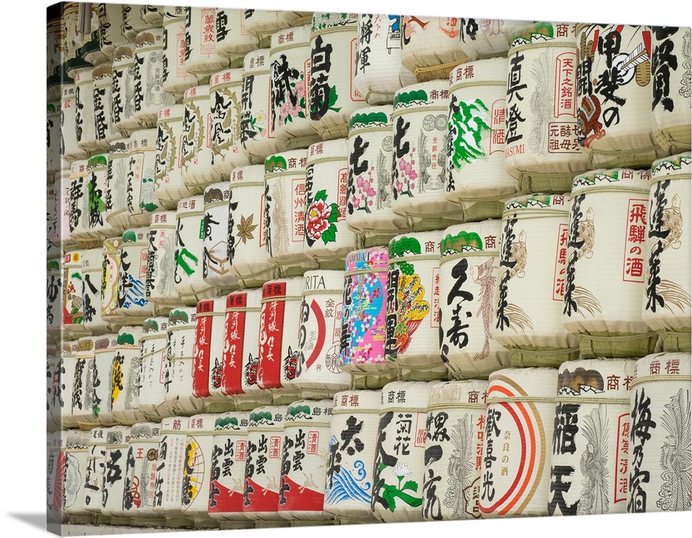 Casks of sake wine donated by Nationwide Sake Brewer's Association to the shrine, Meiji Shrine, Tokyo, Japan