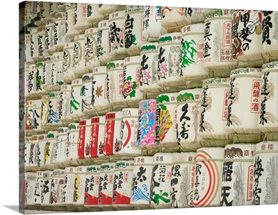 Casks of sake wine donated by Nationwide Sake Brewer's Association to the shrine