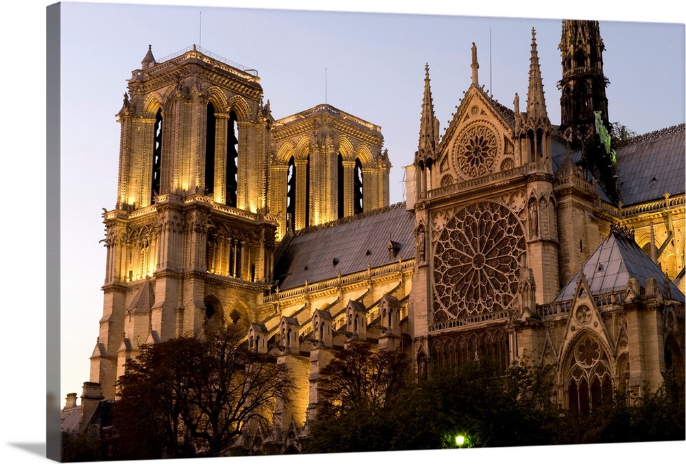Cathedral lit up at dusk, Notre Dame, Paris, Ile-De-France, France