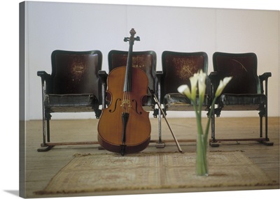 Cello leaning on attached chairs