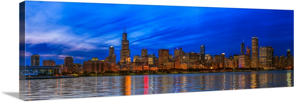Chicago skyline with Cubs World Series lights night, Lake Michigan, Chicago, Cook County, Illinois, USA.