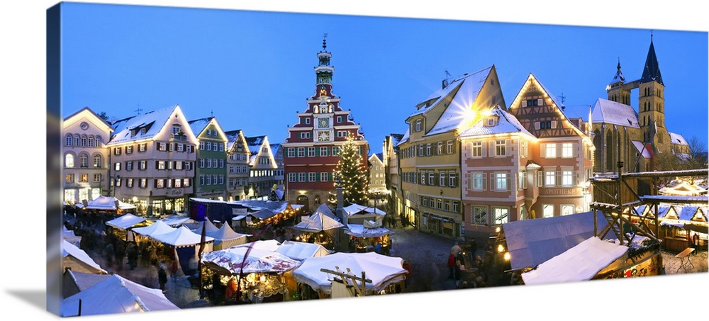 Christmas market with the old town hall at dusk, Baden-Wurttemberg, Germany
