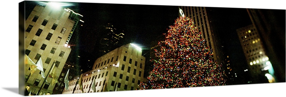 Christmas tree lit up at night, Rockefeller Center