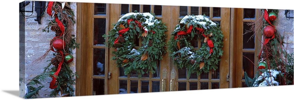 Christmas wreaths hanging on doors, Grand Rapids, Kent County, Michigan,