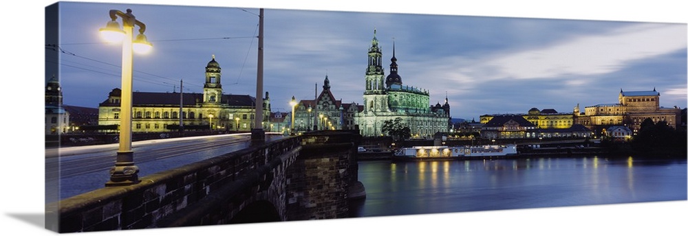 Church lit up at dusk, Dresden, Germany