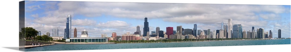 Panoramic photograph on a giant wall hanging of the Chicago skyline along the waterfront of Lake Michigan, beneath a blue ...
