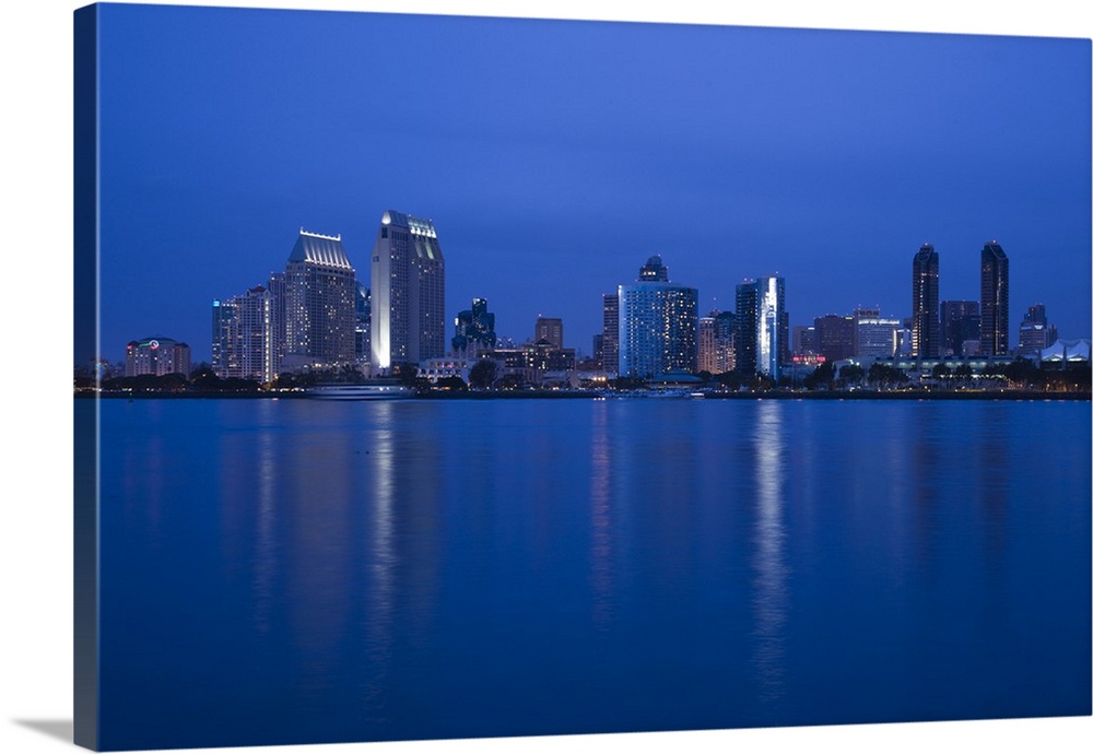 USA, California, San Diego, Harborside city view from Coronado, evening