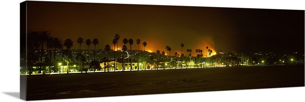 City burning at night, Montecito, Santa Barbara, Santa Barbara County, California,