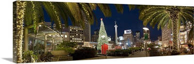 City lit up at dusk during Christmas, Union Square, San Francisco, California