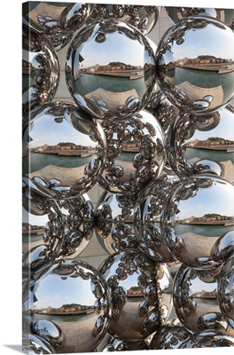 City reflection in chrome spheres, Bilbao, Biscay Province, Basque Country Region, Spain