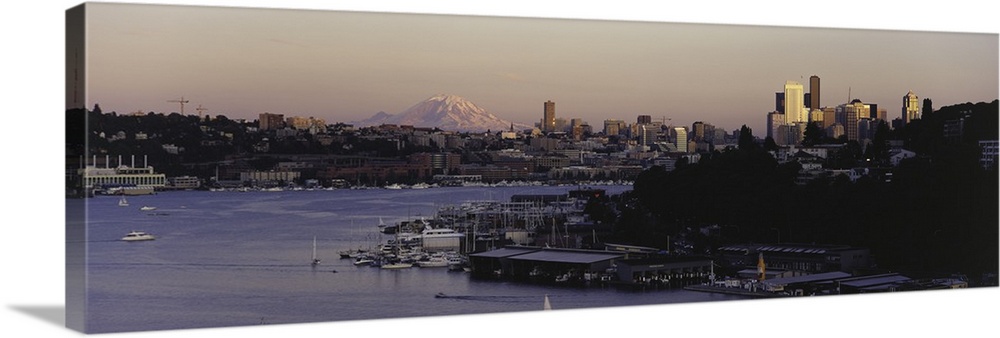 City skyline at the lakeside with Mt Rainier in the background Lake Union Seattle King County Washington State