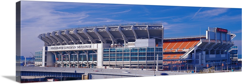Panoramic photograph on a sunny day displays FirstEnergy Stadium from the National Football League.  The intricate archite...