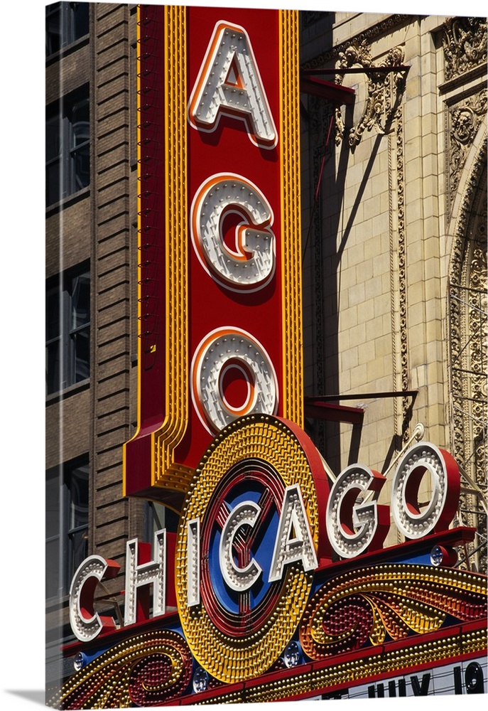 Vertical photograph of the Chicago Theatre sign in the daytime.